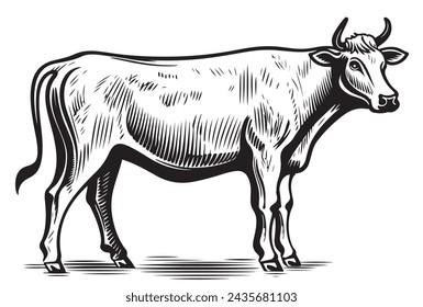 La vaca está de pie boceto grabado ilustración estilo Dibujado a mano vector