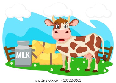 Cow stands on a green lawn near the sheaves of hay and a can of milk. Farm