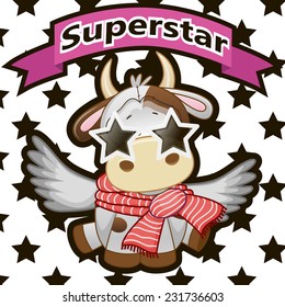 Cow with star glasses on the background of stars 