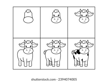 Cow. Step by step drawing. Coloring page, coloring book page. Black and white vector illustration.