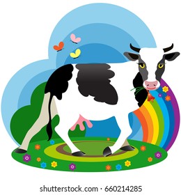 Cow sticker. Cow on a meadow. Vector illustration.