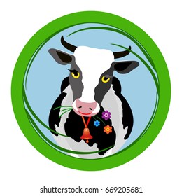 Cow sticker. Cow on a meadow. Vector illustration.
