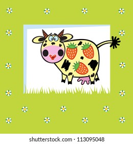 cow with strawberries,cartoon picture on green background,children illustration,vector image for babies and little kids