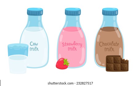 cow, strawberry and chocolate milk. cute cartoon vector illustration of milks