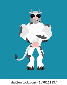 Cow Strong Cool Serious. Farm Animal Strict. Vector Illustration