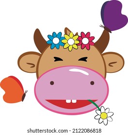 Cow in summer with flowers and butterflies