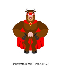 Cow superhero. Super farm animal in mask and raincoat. Strong bull 