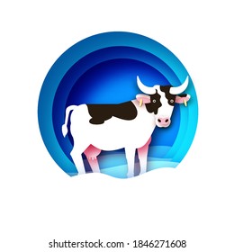 Cow symbol. Bull New Year. Happy New Year. Bull, ox, cow. 2021 Lunar horoscope sign in paper cut style. Blue. Winter holidays