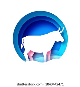 Cow symbol. Bull New Year. Happy New Year. Bull, ox, cow. 2021 Lunar horoscope sign in paper cut style. Blue. Winter holidays