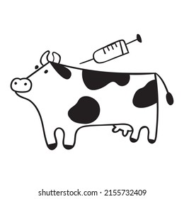 Cow and syringe. Farm animal veterinary. Outline vector illustration on white background.
