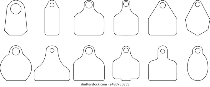 Cow Tag icon set Ear tag sign beefs symbol or logo flat sign, Black identification label element for domestic farm animals livestock. isolated on transparent background, earmark mockups for livestock.