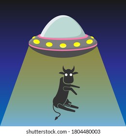 The cow is taken by the flying saucer. Paranormal riddle illustration.