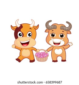 a cow and Taurus carry a basket flowers 