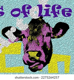 Cow and text on textured background. Modern pop art style