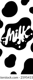 cow texture print. black and white background. trendy and fresh milk packaging design with cow texture