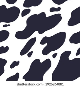 Cow texture seamless pattern. Hand drawn animal print in black and white colors. Abstract black trend spots on a white background. Vector illustration