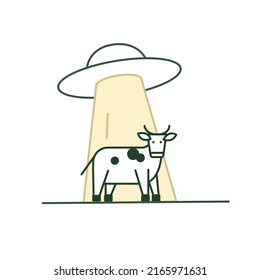A cow that is abducted by a UFO or an unidentified flying object. Vector illustration. Outline icon.
