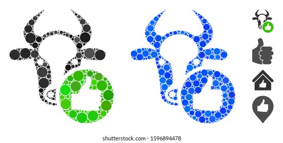Cow thumb up composition of circle elements in different sizes and shades, based on cow thumb up icon. Vector circle elements are organized into blue mosaic.