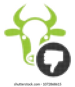 Cow Thumb Down halftone vector icon. Illustration style is dotted iconic Cow Thumb Down icon symbol on a white background. Halftone pattern is round elements.