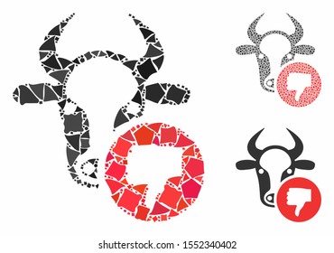 Cow thumb down mosaic of rugged items in variable sizes and color tinges, based on cow thumb down icon. Vector unequal elements are combined into mosaic.