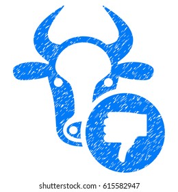 Cow Thumb Down rubber seal stamp watermark. Icon symbol with grunge design and dust texture. Unclean vector blue sticker.
