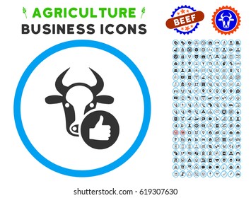 Cow Thumb Up rounded icon with agriculture commercial icon clip art. Vector illustration style is a flat iconic symbol inside a circle, blue and gray colors. Designed for web and software interfaces.