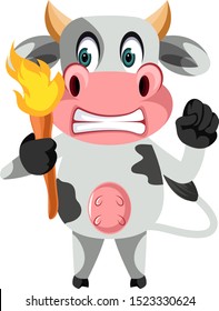 Cow with torch, illustration, vector on white background.