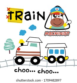 cow and train funny animal cartoon,vector illustration