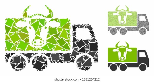 Cow transportation composition of bumpy elements in different sizes and shades, based on cow transportation icon. Vector irregular elements are composed into composition.