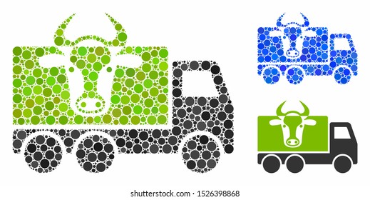 Cow transportation composition for cow transportation icon of filled circles in different sizes and color tinges. Vector filled circles are united into blue composition.