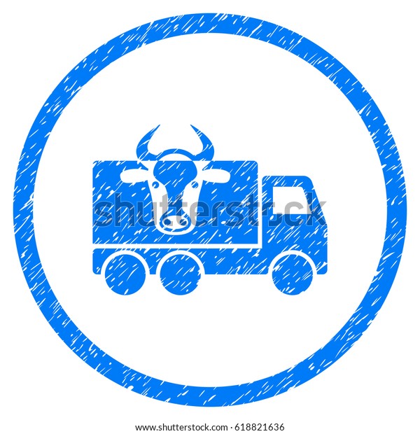 Cow\
Transportation grainy textured icon inside circle for overlay\
watermark stamps. Flat symbol with scratched texture. Circled\
vector blue rubber seal stamp with grunge\
design.