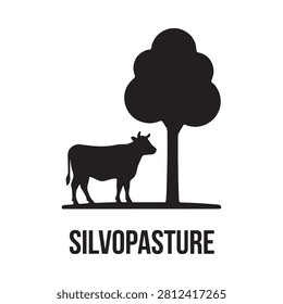 Cow and tree silhouette against a white background graphic design