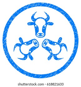 Cow Trinity grainy textured icon inside circle for overlay watermark stamps. Flat symbol with scratched texture. Circled vector blue rubber seal stamp with grunge design.