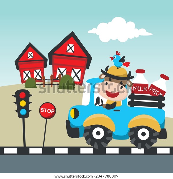 cow and truck funny\
cartoon,vector illustration Can be used for t-shirt print, kids\
wear fashion design, invitation card. fabric, textile, nursery\
wallpaper and poster.