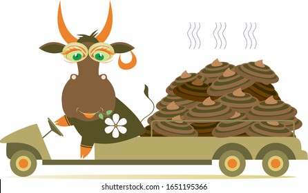 Cow, truck and organic manure illustration. Funny cow with a flower in its mouth drives a truck with a big knot of dung isolated on white
