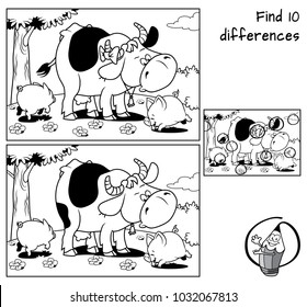 Cow and two funny little pigs on a meadow. Find 10 differences. Educational game for children. Black and white cartoon vector illustration