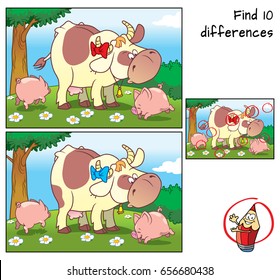 Cow and two funny little pigs on a meadow. Find 10 differences. Educational game for children. Cartoon vector illustration