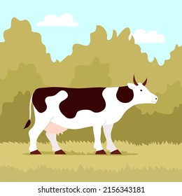 Cow with udder. Animal for farm, milk and meat. Ungulate mammal. Spotted color. Vector cartoon illustration on green nature background