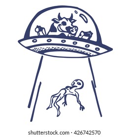 Cow and UFO alien abduction vector drawing on a white background