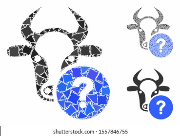 Cow unknown status composition of abrupt pieces in various sizes and shades, based on cow unknown status icon. Vector tremulant pieces are combined into composition.
