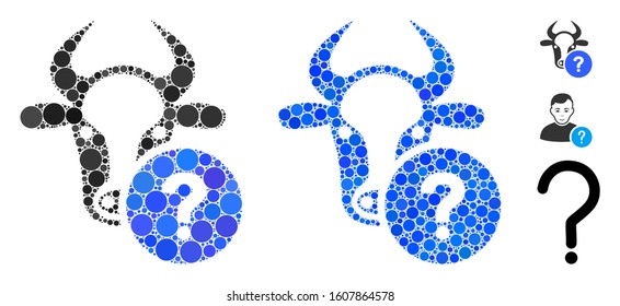 Cow unknown status composition of filled circles in variable sizes and shades, based on cow unknown status icon. Vector dots are combined into blue composition.