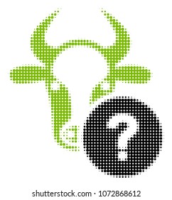 Cow Unknown Status halftone vector pictogram. Illustration style is dotted iconic Cow Unknown Status icon symbol on a white background. Halftone matrix is round spots.
