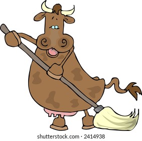 Cow using a mop