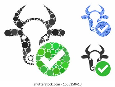 Cow valid composition of filled circles in various sizes and color hues, based on cow valid icon. Vector filled circles are grouped into blue composition.