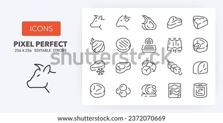 Cow and veal meats products, thin line icon set. Outline symbol collection. Editable vector stroke. 256x256 Pixel Perfect scalable to 128px, 64px...