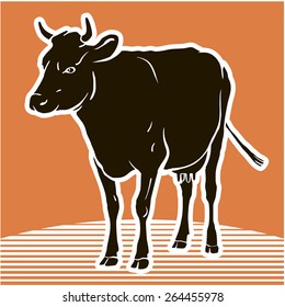 Cow. Vector. Black silhouette. Orange background.