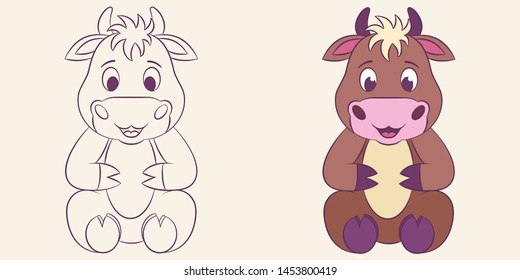 Cow vector cartoon illustration color and coloring on a colored background for children
