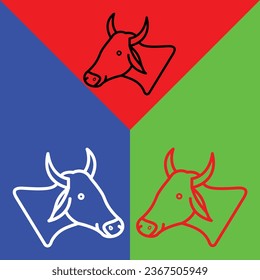 Cow Vector Icon, Lineal style icon, from Animal Head icons collection, isolated on Red, Blue and Green Background.