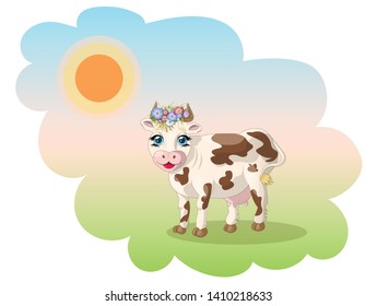 cow vector illustration with flowers on the head