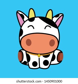 Cow vector illustration, funny cartoon happy smile in blue mint background.